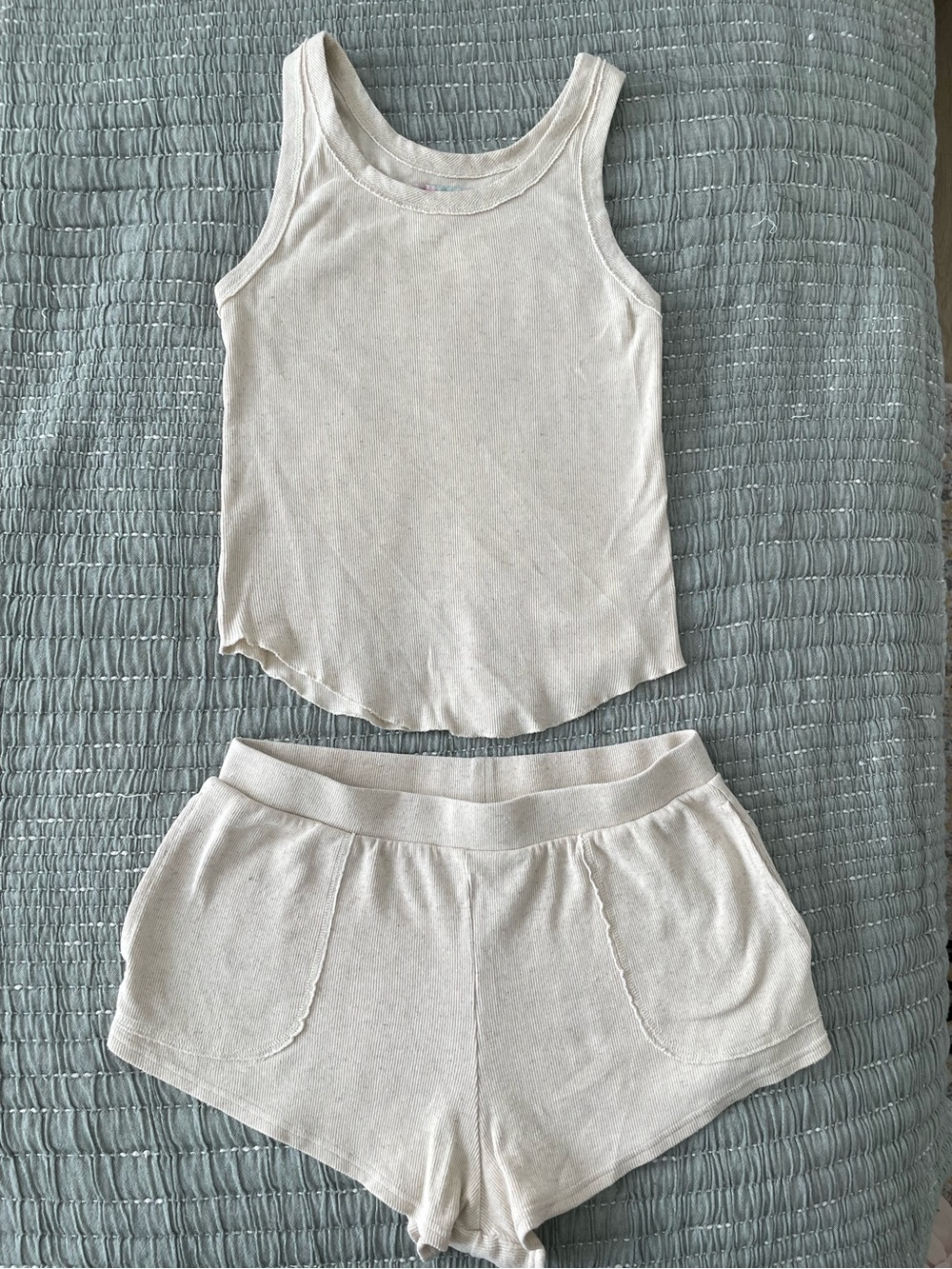 Free People FP Beach Beige Knit Tank Top and Shorts Set Size XS Cotton/Linen